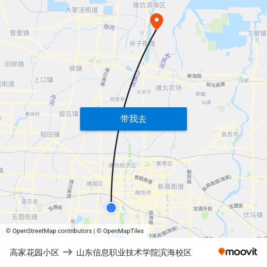 高家花园小区 to 山东信息职业技术学院滨海校区 map