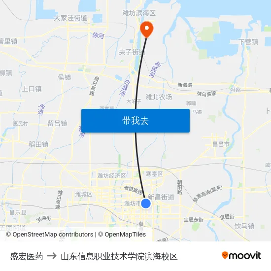 盛宏医药 to 山东信息职业技术学院滨海校区 map