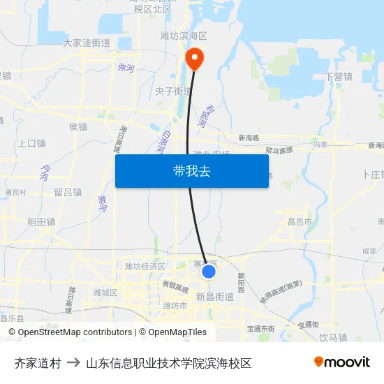 齐家道村 to 山东信息职业技术学院滨海校区 map