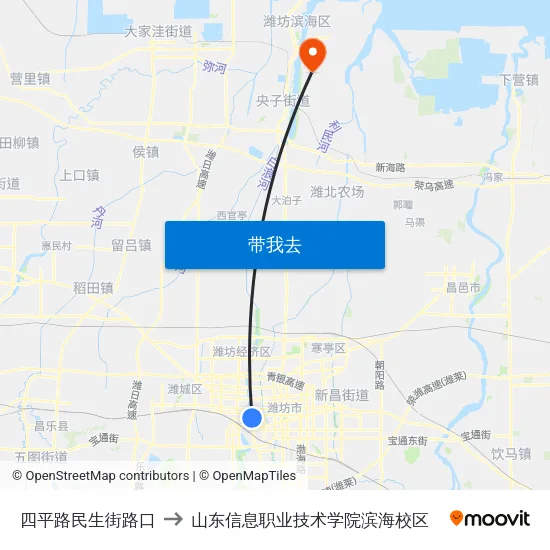 四平路民生街路口 to 山东信息职业技术学院滨海校区 map