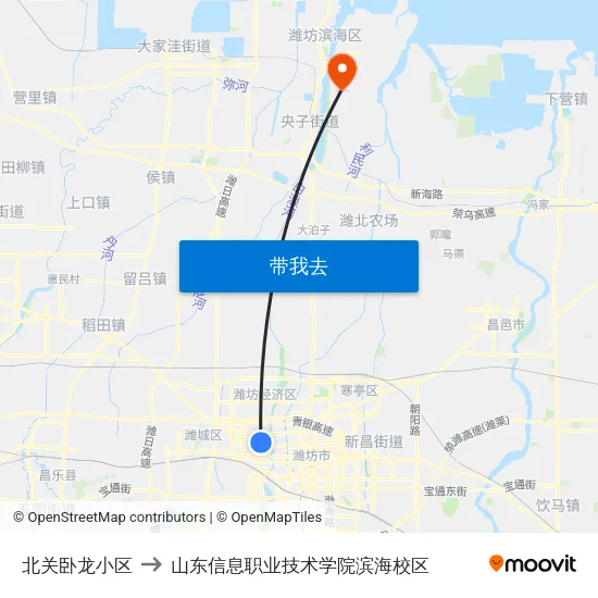 北关卧龙小区 to 山东信息职业技术学院滨海校区 map