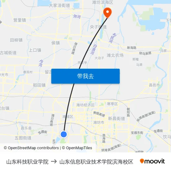 山东科技职业学院 to 山东信息职业技术学院滨海校区 map