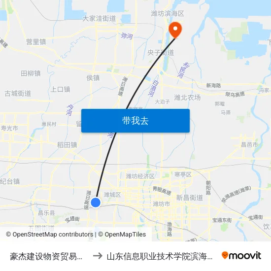 豪杰建设物资贸易广场 to 山东信息职业技术学院滨海校区 map