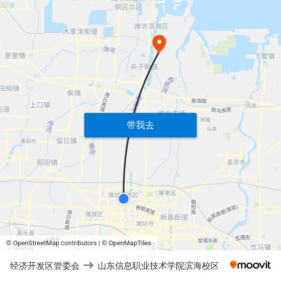 经济开发区管委会 to 山东信息职业技术学院滨海校区 map