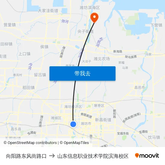 向阳路东风街路口 to 山东信息职业技术学院滨海校区 map