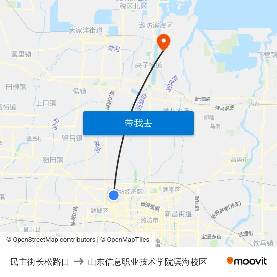民主街长松路口 to 山东信息职业技术学院滨海校区 map