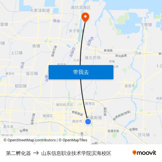 第二孵化器 to 山东信息职业技术学院滨海校区 map