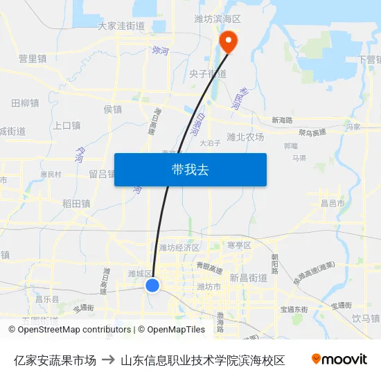 亿家安蔬果市场 to 山东信息职业技术学院滨海校区 map