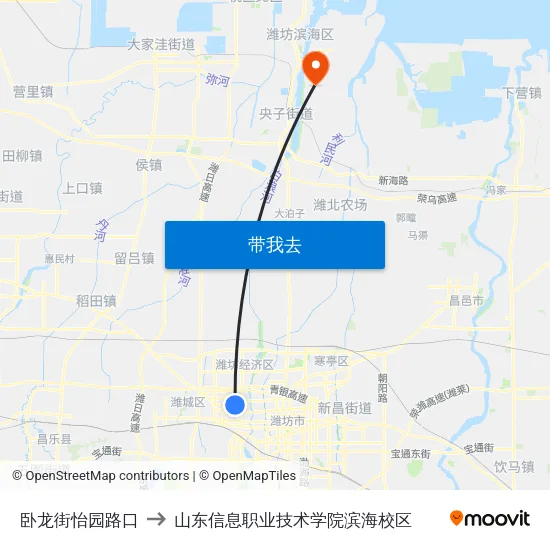 卧龙街怡园路口 to 山东信息职业技术学院滨海校区 map
