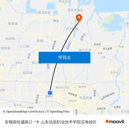 安顺路恒盛路口 to 山东信息职业技术学院滨海校区 map