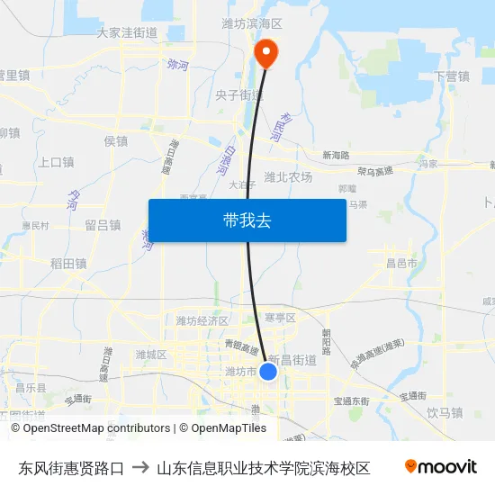 东风街惠贤路口 to 山东信息职业技术学院滨海校区 map