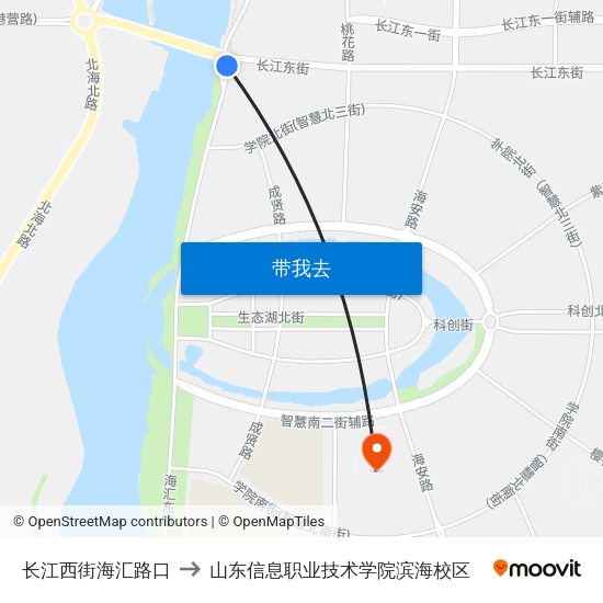长江西街海汇路口 to 山东信息职业技术学院滨海校区 map