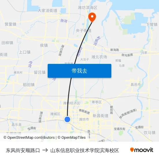 东风街安顺路口 to 山东信息职业技术学院滨海校区 map