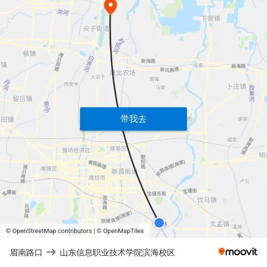 眉南路口 to 山东信息职业技术学院滨海校区 map