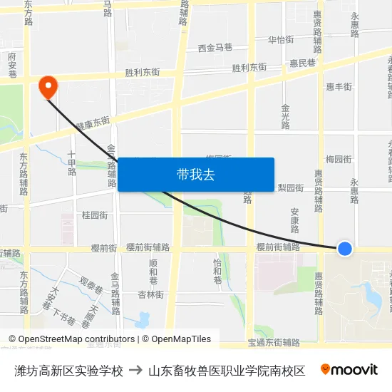 潍坊高新区实验学校 to 山东畜牧兽医职业学院南校区 map