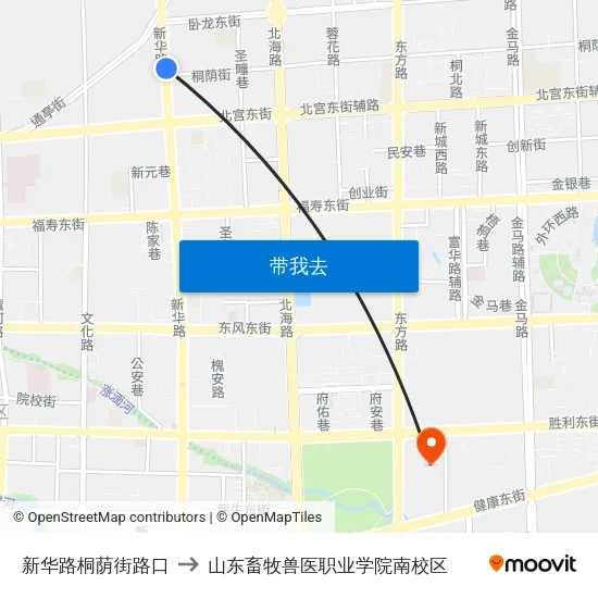 新华路桐荫街路口 to 山东畜牧兽医职业学院南校区 map