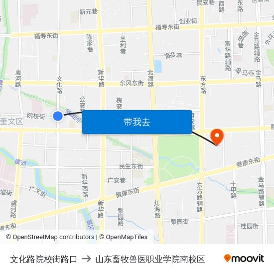 文化路院校街路口 to 山东畜牧兽医职业学院南校区 map