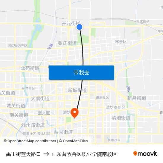 禹王街蓝天路口 to 山东畜牧兽医职业学院南校区 map