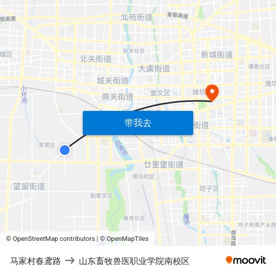 马家村春鸢路 to 山东畜牧兽医职业学院南校区 map