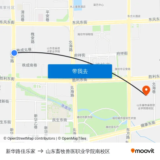 新华路佳乐家 to 山东畜牧兽医职业学院南校区 map