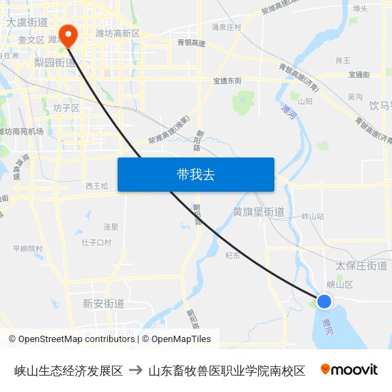 峡山生态经济发展区 to 山东畜牧兽医职业学院南校区 map