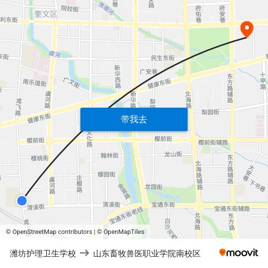 潍坊护理卫生学校 to 山东畜牧兽医职业学院南校区 map