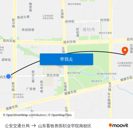 公安交通分局 to 山东畜牧兽医职业学院南校区 map