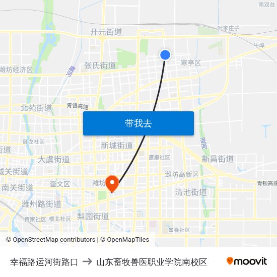 幸福路运河街路口 to 山东畜牧兽医职业学院南校区 map