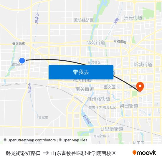 卧龙街彩虹路口 to 山东畜牧兽医职业学院南校区 map