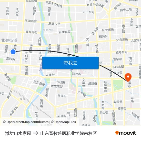 潍坊山水家园 to 山东畜牧兽医职业学院南校区 map