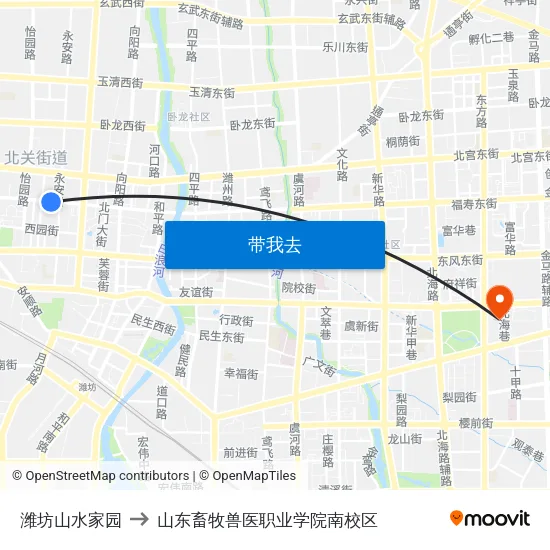 潍坊山水家园 to 山东畜牧兽医职业学院南校区 map