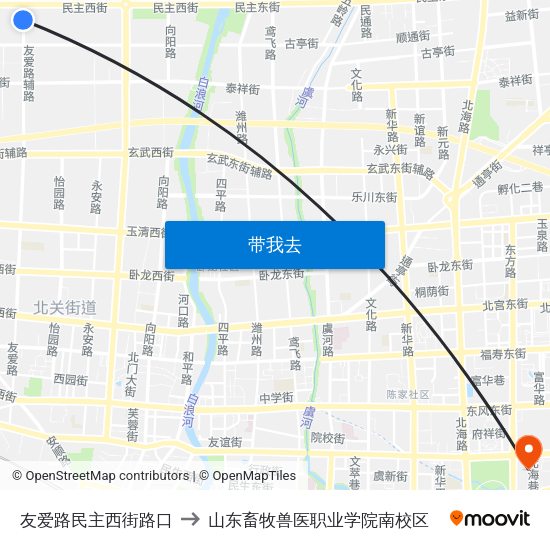 友爱路民主西街路口 to 山东畜牧兽医职业学院南校区 map