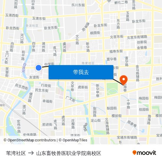 苇湾社区 to 山东畜牧兽医职业学院南校区 map