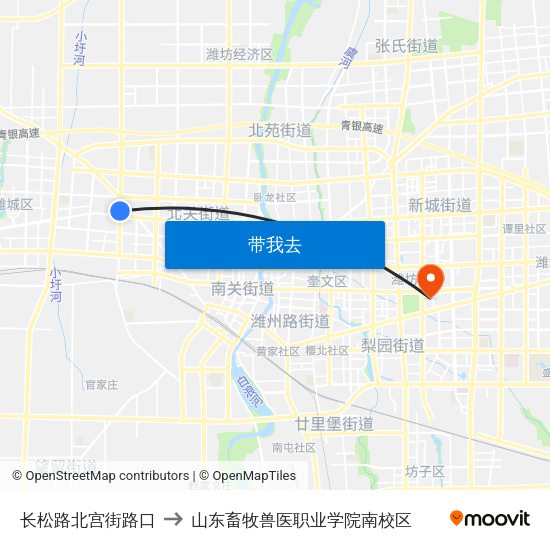 长松路北宫街路口 to 山东畜牧兽医职业学院南校区 map