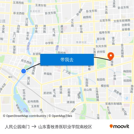 人民公园南门 to 山东畜牧兽医职业学院南校区 map