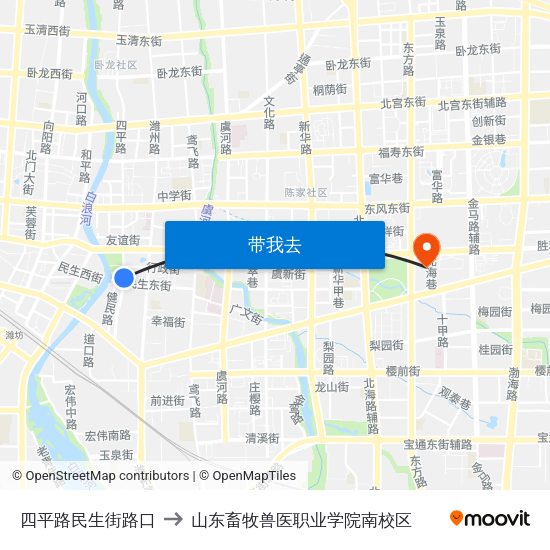 四平路民生街路口 to 山东畜牧兽医职业学院南校区 map