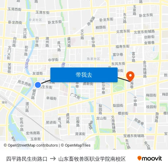 四平路民生街路口 to 山东畜牧兽医职业学院南校区 map