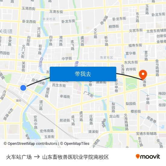 火车站广场 to 山东畜牧兽医职业学院南校区 map