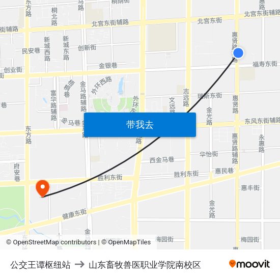 公交王谭枢纽站 to 山东畜牧兽医职业学院南校区 map