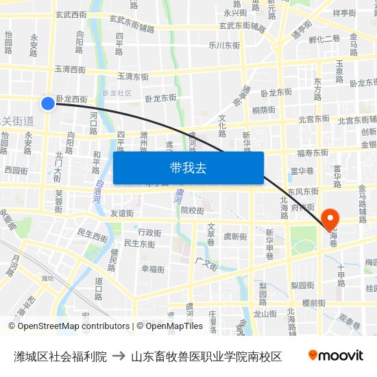 潍城区社会福利院 to 山东畜牧兽医职业学院南校区 map