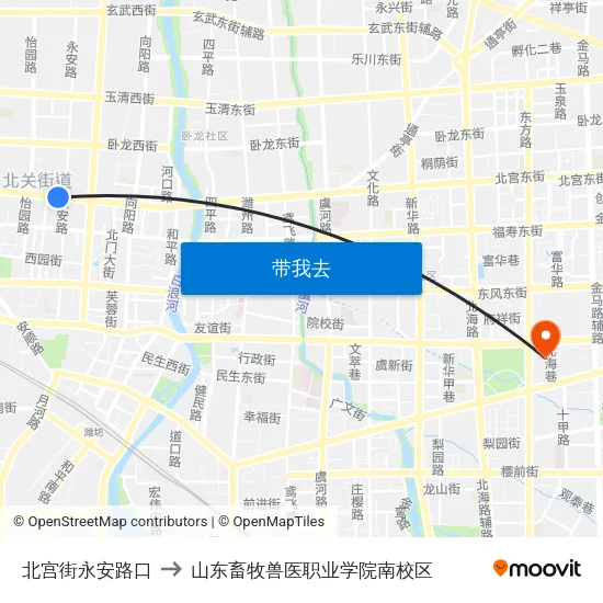 北宫街永安路口 to 山东畜牧兽医职业学院南校区 map