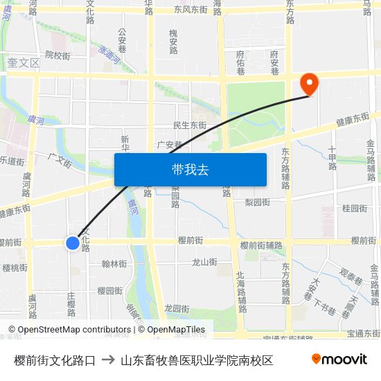 樱前街文化路口 to 山东畜牧兽医职业学院南校区 map
