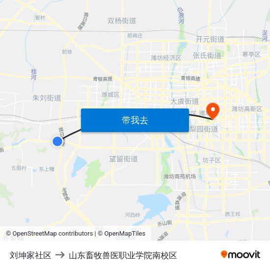 刘坤家社区 to 山东畜牧兽医职业学院南校区 map