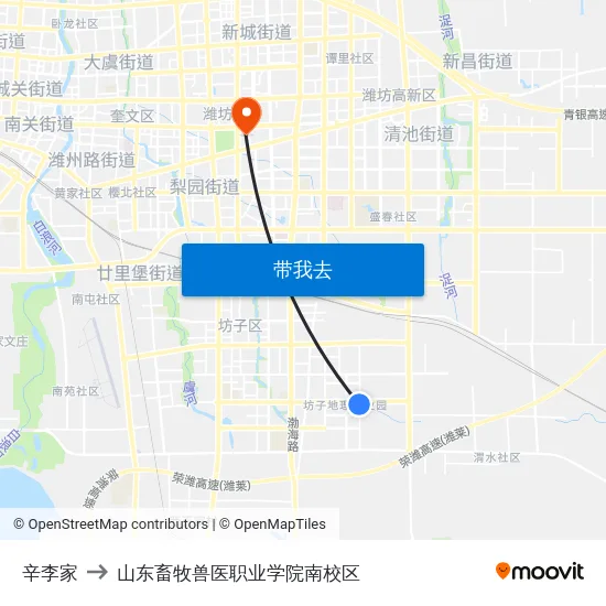 辛李家 to 山东畜牧兽医职业学院南校区 map