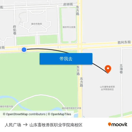 人民广场 to 山东畜牧兽医职业学院南校区 map