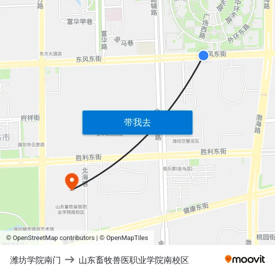 潍坊学院南门 to 山东畜牧兽医职业学院南校区 map