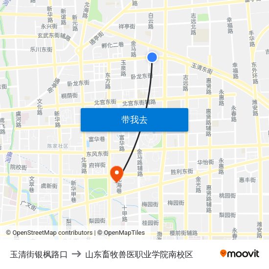 玉清街银枫路口 to 山东畜牧兽医职业学院南校区 map
