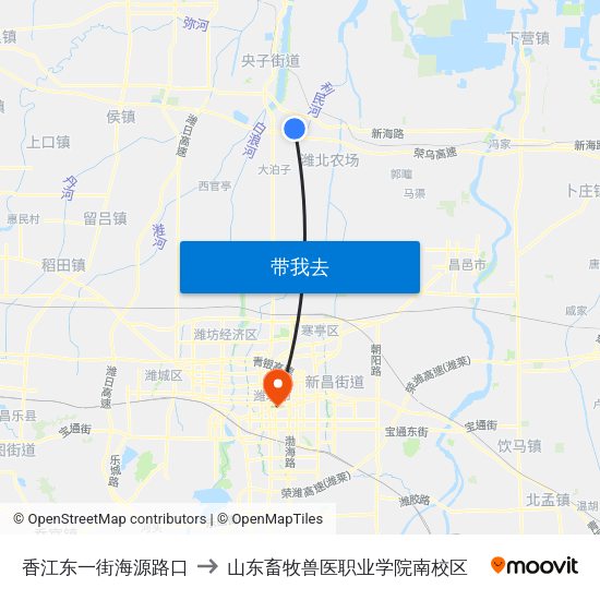 香江东一街海源路口 to 山东畜牧兽医职业学院南校区 map