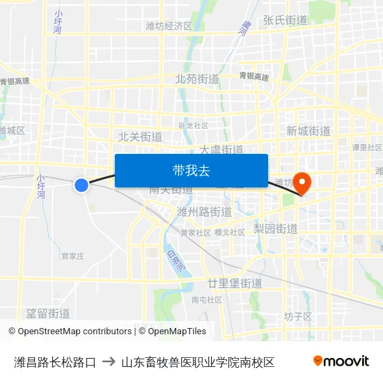 潍昌路长松路口 to 山东畜牧兽医职业学院南校区 map