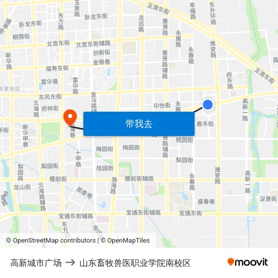 高新城市广场 to 山东畜牧兽医职业学院南校区 map
